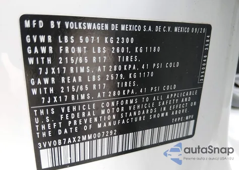 2021 Volkswagen Tiguan 2.0T S from USA, damaged, VIN 3VV0B7AX2MM007292